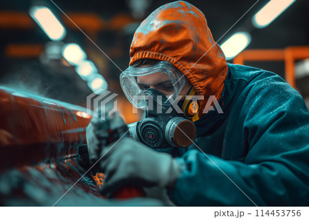Male spray painter wearing protective face mask using airbrush on vehicle part at workshop 114453756