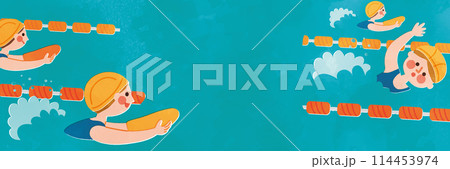 スイミング教室の子供たちの水彩タッチイラスト 114453974