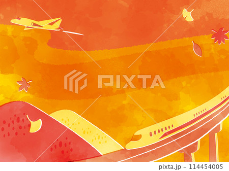 秋の風景と新幹線と飛行機の水彩タッチ背景イラスト 114454005