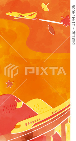 秋の風景と新幹線と飛行機の水彩タッチ背景イラスト 114454006