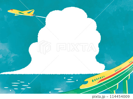夏の風景と新幹線と飛行機の水彩タッチイラスト 114454009