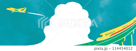 夏の風景と新幹線と飛行機の水彩タッチイラスト 114454012