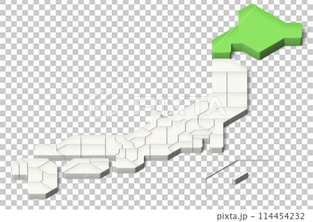 簡略化された3D日本地図　北海道　アイソメトリック（影付き背景透過） 114454232