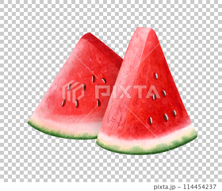Watermelon triangle slices with seeds in bright red watercolor illustration isolated on white. Delicious ripe fruit food for summer natural dessert. Organic water melon pieces 114454237