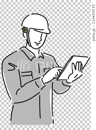 タブレットを操作する作業服の男性 タブレットを操作する作業服の男性 114454535
