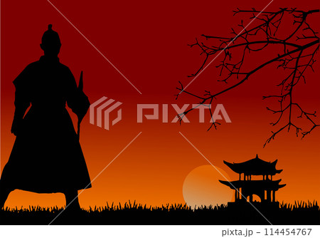 Black silhouette of Samurai with the sword on sky background. Vector Hand drawn illustration 114454767