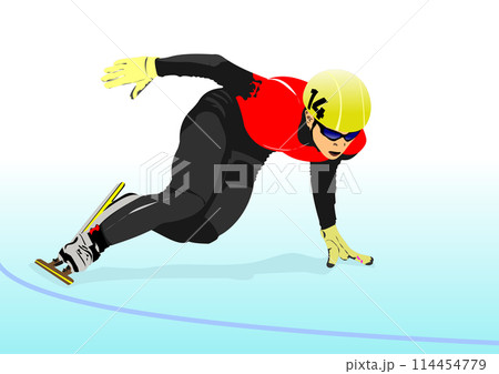 Short Track Speed Skating. 3d vector color hand drawn illustration 114454779