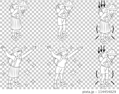 ランドセルを背負った小学生セット／線画 114454829