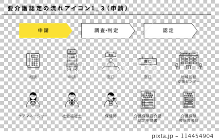 要介護認定の流れのアイコンセット1_3（申請）、ベクター素材 114454904