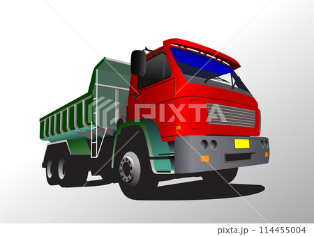 Red-green truck on the road. Lorry. Vector 3d hand drawn illustration 114455004