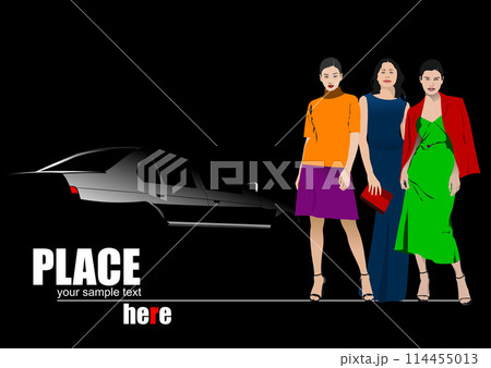 White car silhouette and three businesswomen on black background. Vector 3d hand drawn illustration 114455013