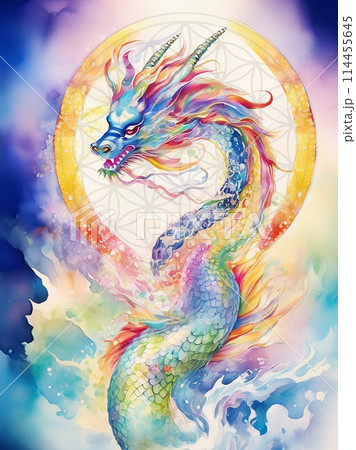 神聖幾何学を埋め込んだお守り 虹龍 龍神 龍 の水彩画 スピリチュアル