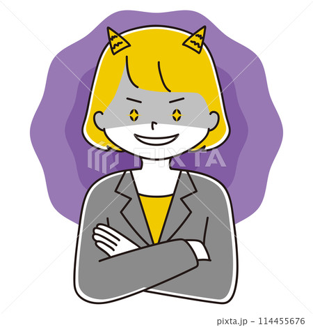 角を生やして腕を組んで笑顔を浮かべるスーツ姿の女性のイラスト 114455676