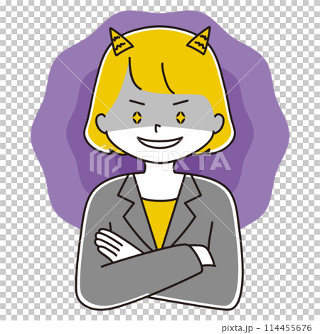Illustration of a woman in a suit with horns, arms folded and smiling 114455676