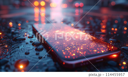 A lost phone with a glowing screen lies forgotten on a rainy sid 114455957