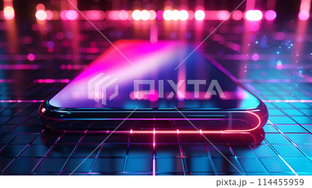 A cell phone on a grid floor emits a bright neon light from its 114455959