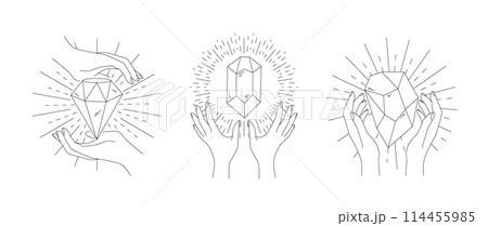 Hand hold diamond jewels. Line isolated elements. contour gemstones. Esoteric symbol. Female with treasure brilliants. Quartz natural minerals. Logotype design. Emblem or label. Vector illustration 114455985