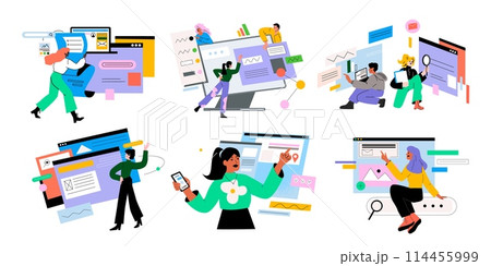 Search job internet. Information research. Digital surfing. Browser keyword query. People finding computer data with magnifiers. Web technology. Look website. SEO tech. Online users vector flat set 114455999
