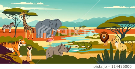 Animals zoo. African savanna landscape. Wild nature park. Jungle bird. Cartoon elephant and tiger. Savannah biodiversity. Tropical flamingo. River crocodile. Zebra and giraffe. Vector safari scenery Animals zoo. African savanna landscape. Wild nature park. Jungle bird. Cartoon elephant and tiger. Savannah biodiversity. Tropical flamingo. River crocodile. Zebra and giraffe. Vector safari scenery 114456000