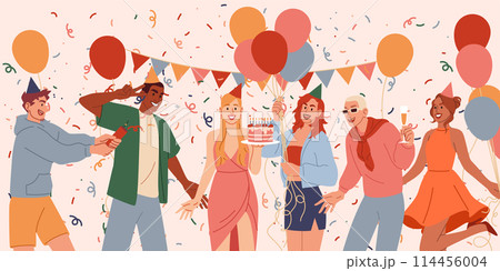 Birthday celebrate. Happy office people, holiday attributes, balloon, gift and confetti. Card design, anniversary cake. Friend festive, event team corporate. Vector adult joy cartoon flat illustration 114456004