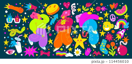 Sticker retro music. 90s party icons. Funky style doodle. Cartoon happy women. Acid face emoji. Groovy rainbow. Modern flower. Bright color. Y2K girls dance. Abstract smile. Vector rave elements set 114456010