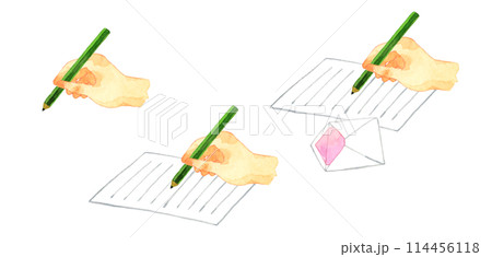 鉛筆を持って書く子供の手のセット　人の手の手描き水彩イラスト素材集 114456118