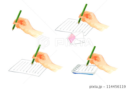 鉛筆を持って書く手のセット　人の手の手描き水彩イラスト素材集 114456119