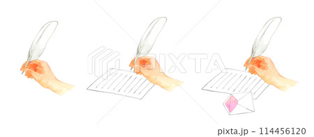 羽ペンを持って書く手のセット　人の手の手描き水彩イラスト素材集 114456120