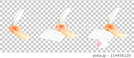 Set of hands writing with a feather pen - Hand-drawn watercolor illustrations of human hands 114456120