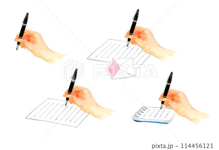 万年筆を持って書く手のセット　人の手の手描き水彩イラスト素材集 114456121