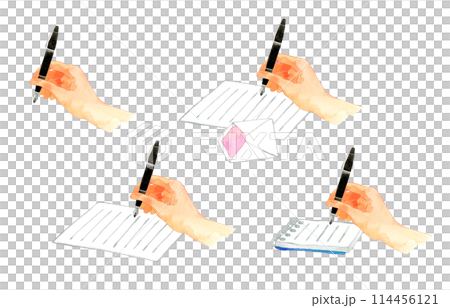 一組手持鋼筆和書寫的手手繪水彩插圖的集合。 一組手持鋼筆和書寫的手手繪水彩插圖的集合。 114456121