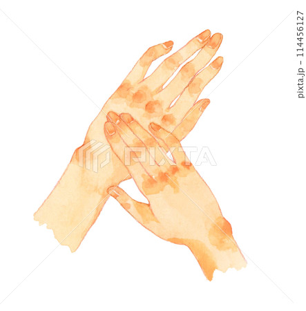 美容・手に塗る・ハンドケア　人の手の手描き水彩イラスト素材 114456127