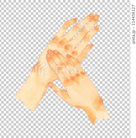 美容・手に塗る・ハンドケア　人の手の手描き水彩イラスト素材 114456127