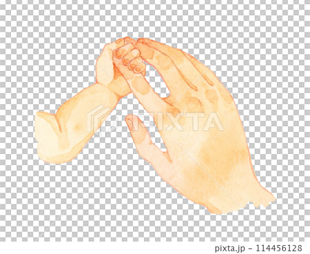 母親の指を握る赤ちゃんの手　人の手の手描き水彩イラスト素材 114456128