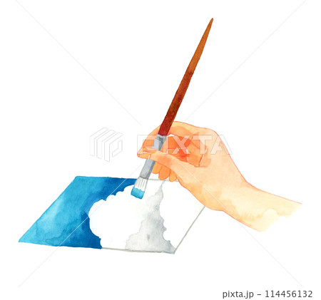 絵筆で青空の絵を描く　人の手の手描き水彩イラスト素材 114456132