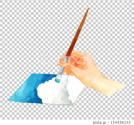 Painting a blue sky with a paintbrush - Hand-drawn watercolor illustration of a person's hand 114456132