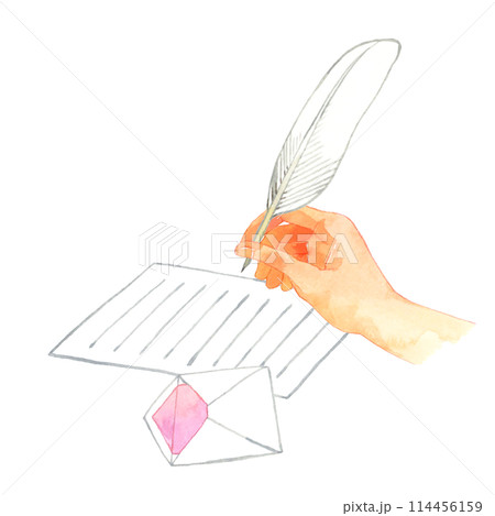羽ペンで手紙を書く手　人の手の手描き水彩イラスト素材 114456159