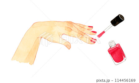 赤色のマニキュアを爪に塗る　人の手の手描き水彩イラスト素材 114456169