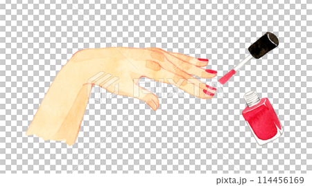 Painting red nail polish on nails Hand-drawn watercolor illustration of a person's hand 114456169