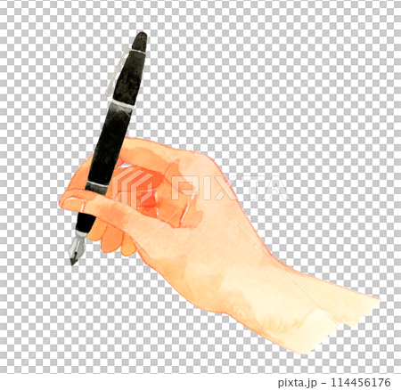 Hand holding a fountain pen Hand-drawn watercolor illustration of a human hand 114456176