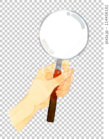 Hand-drawn watercolor illustration of a human hand holding a magnifying glass 114456182