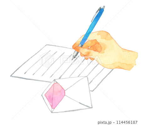 シャープペンシル・ボールペンで手紙を書く子供の手　人の手の手描き水彩イラスト素材 114456187