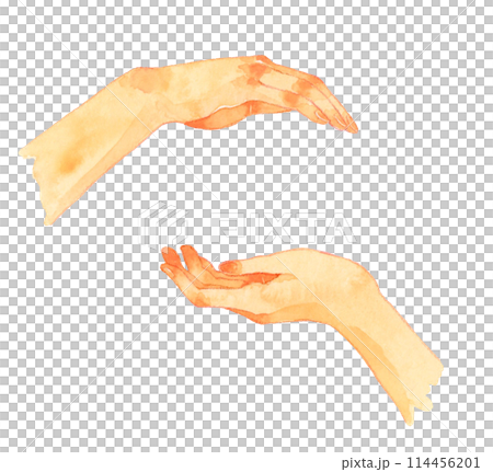 Hand-drawn watercolor illustration of a human hand wrapping, embracing, or surrounding something with the palm of one's hand Hand-drawn watercolor illustration of a human hand wrapping, embracing, or surrounding something with the palm of one's hand 114456201