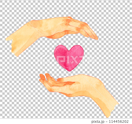 Hand-drawn watercolor illustration of a human hand holding a heart symbol in the palm of its hand Hand-drawn watercolor illustration of a human hand holding a heart symbol in the palm of its hand 114456202