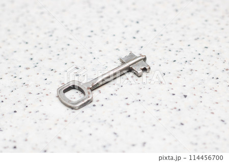 Close up of a nickel key on a white surface, a shiny metal accessory 114456700