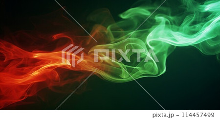 煙や水の中のインクのテクスチャの抽象横長テンプレート。黒背景に緑と赤の流動体。AI生成画像 煙や水の中のインクのテクスチャの抽象横長テンプレート。黒背景に緑と赤の流動体。AI生成画像 114457499