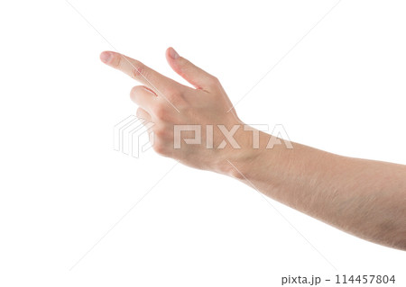 Young adult man hand touch or click something isolated on white 114457804