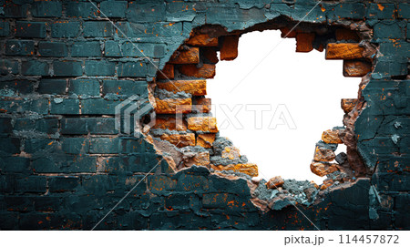 Hole in the wall of bricks against a white background. Shabby Building Facade Hole in the wall of bricks against a white background. Shabby Building Facade 114457872