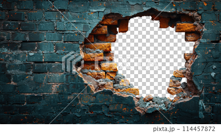 Hole in the wall of bricks against a white background. Shabby Building Facade Hole in the wall of bricks against a white background. Shabby Building Facade 114457872