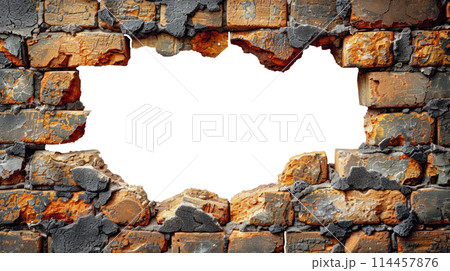 Hole in the wall of bricks against a white background. Shabby Building Facade Hole in the wall of bricks against a white background. Shabby Building Facade 114457876